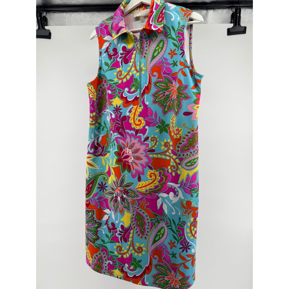 Pappagallo Womens Blue Floral Paisley Sleeveless Quarter Zip Shift Dress Medium